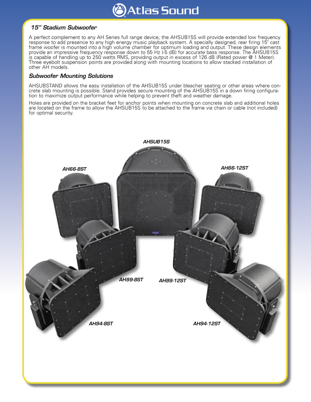 Atlas Sound AH5040S manual Stadium Subwoofer, Subwoofer Mounting Solutions 