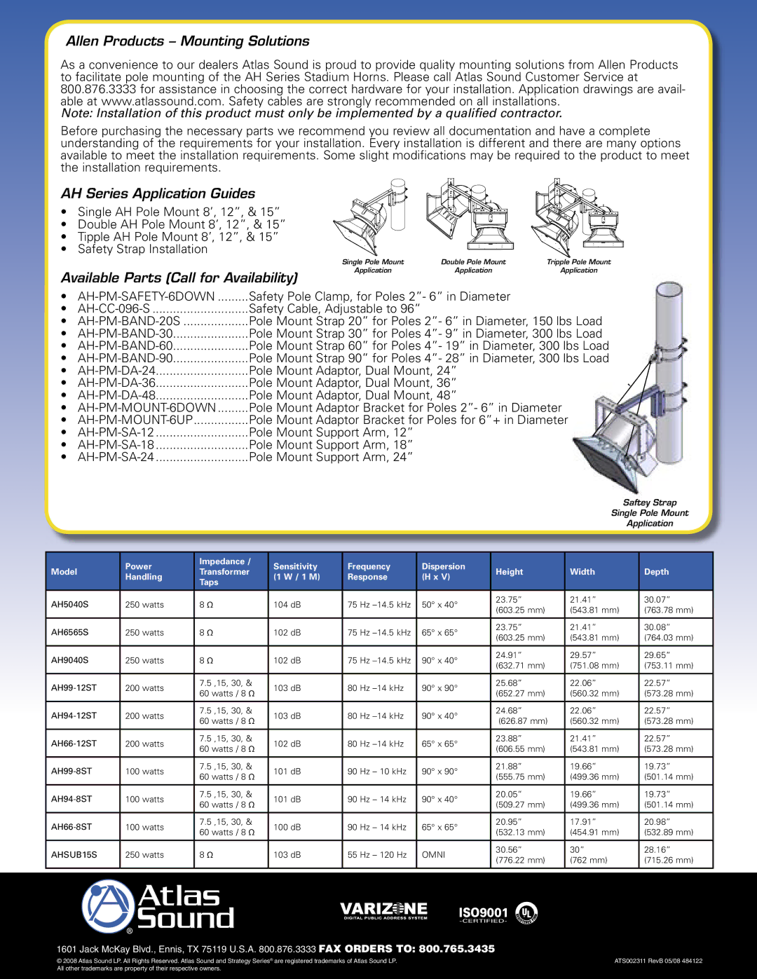 Atlas Sound AH5040S Allen Products Mounting Solutions, AH Series Application Guides, Available Parts Call for Availability 