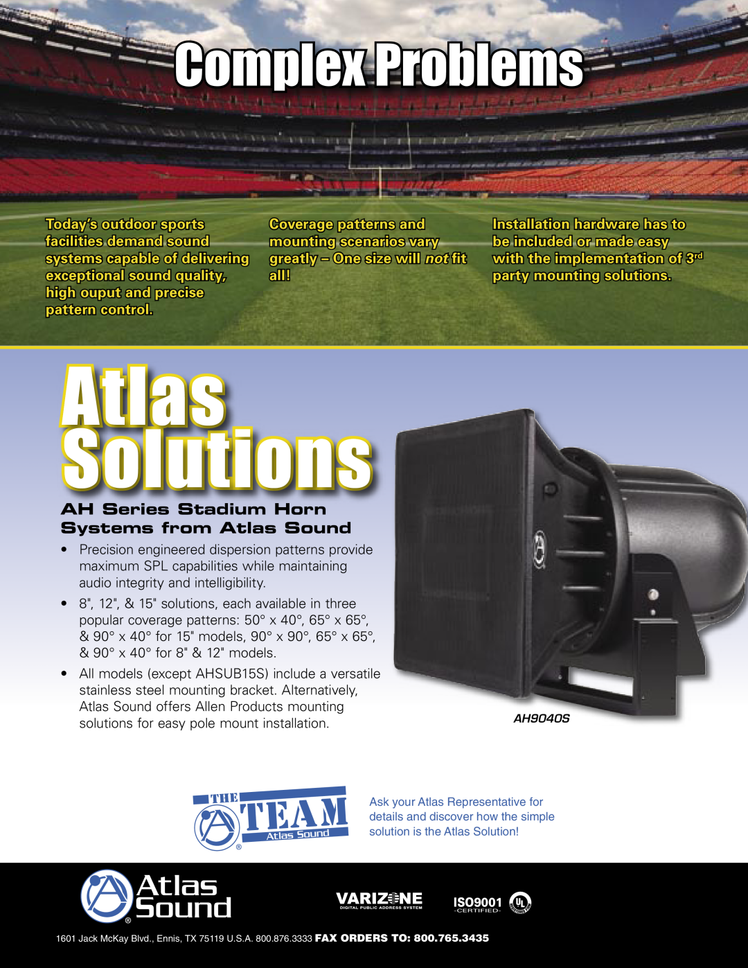 Atlas Sound AH5040S manual Solutions, Complex Problems, AH Series Stadium Horn Systems from Atlas Sound 