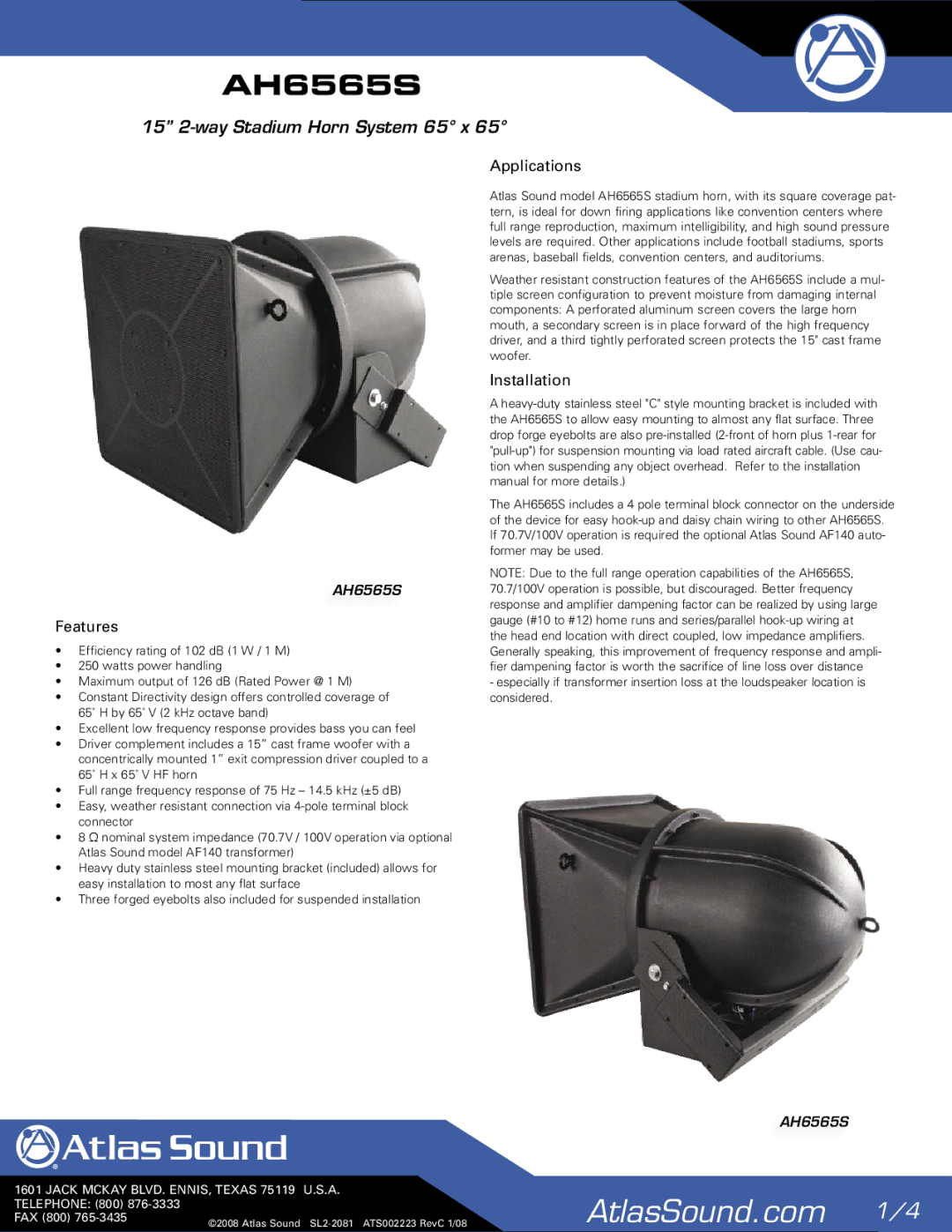 Atlas Sound AH6565S installation manual Features, Applications, Installation 