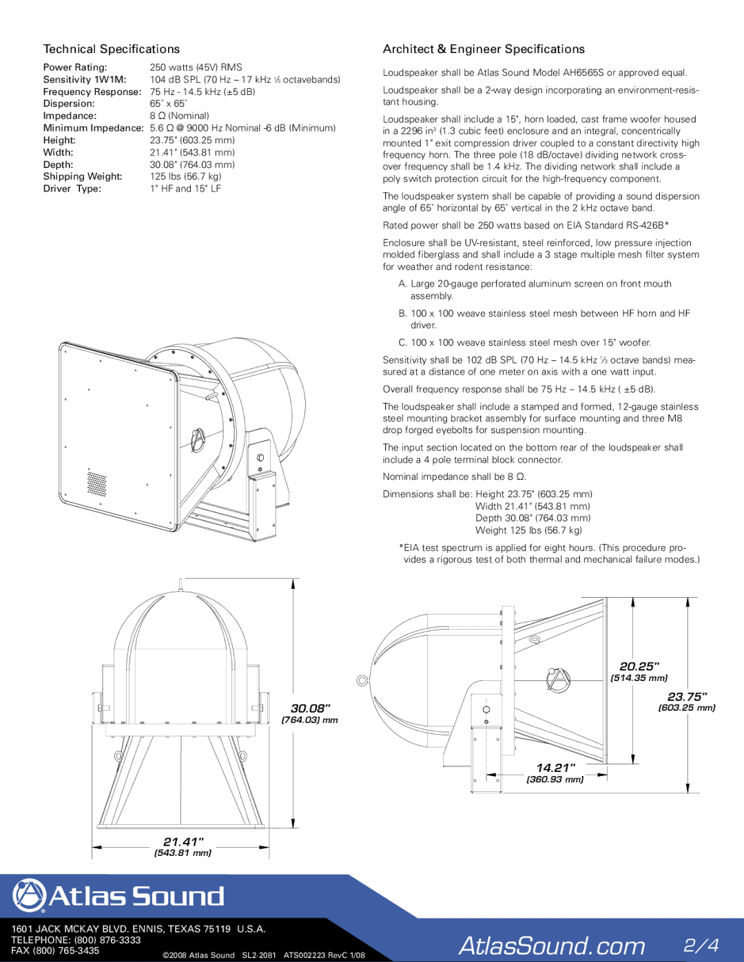 Atlas Sound AH6565S installation manual Technical Speciﬁcations, Architect & Engineer Speciﬁcations 