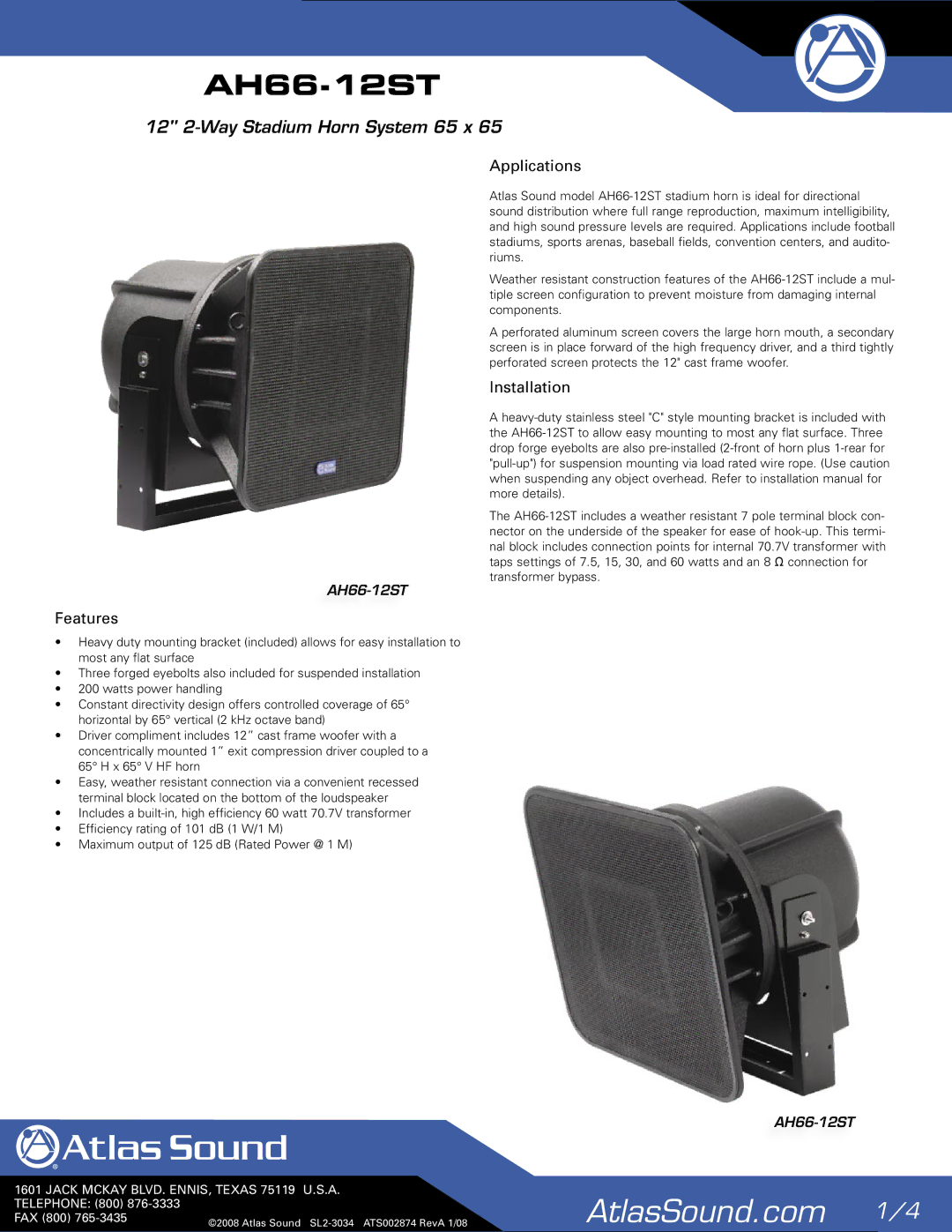 Atlas Sound AH66-12ST installation manual Applications, Installation, Features 