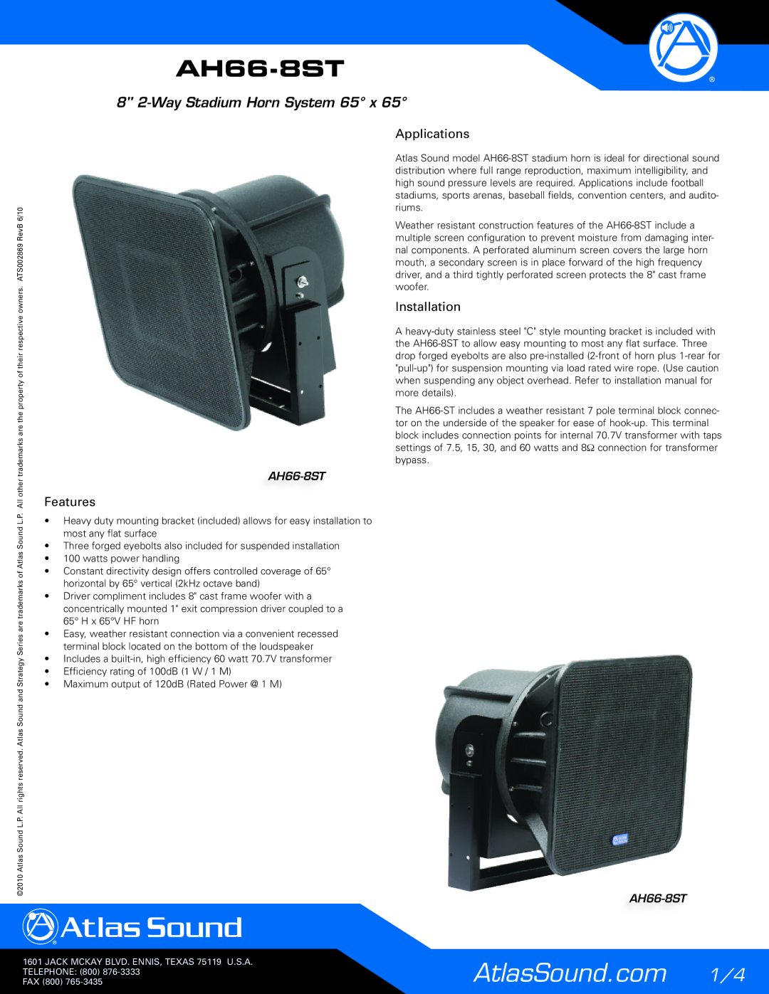 Atlas Sound AH66-8ST manual Features, Applications, Installation 