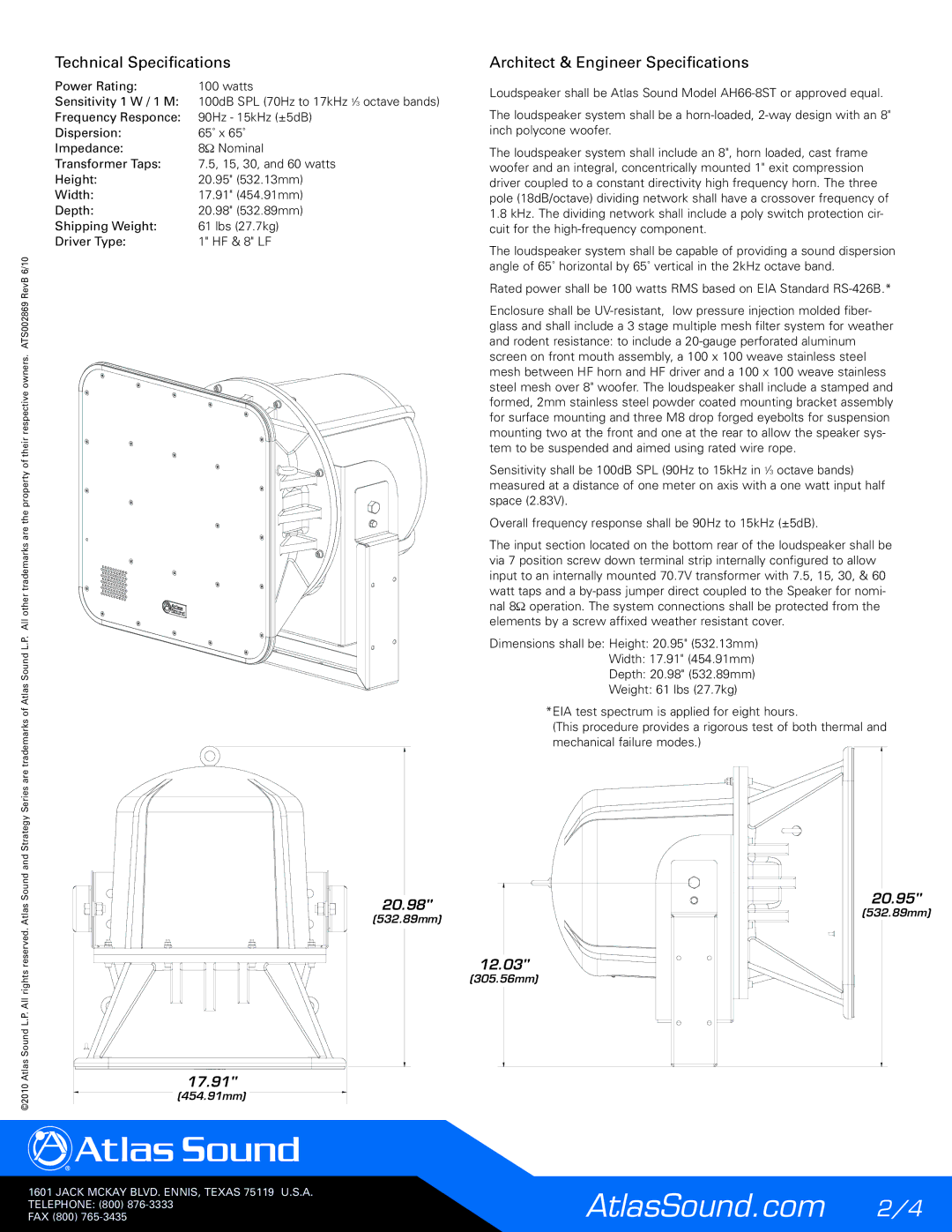 Atlas Sound AH66-8ST manual Technical Specifications, Architect & Engineer Specifications 