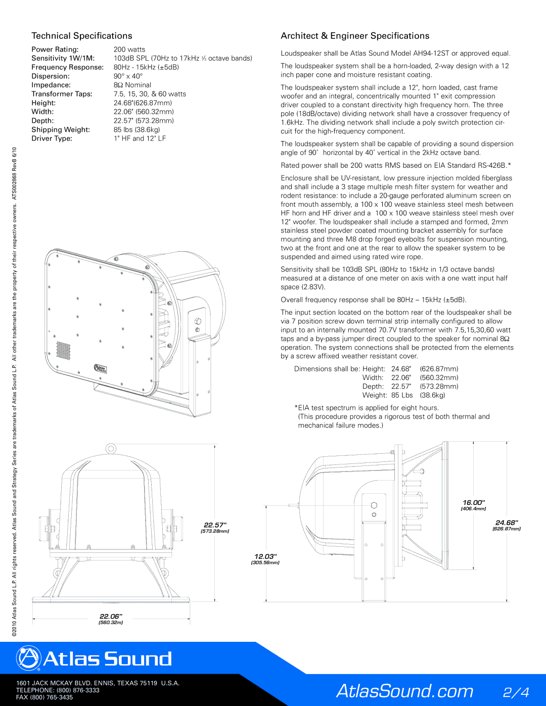 Atlas Sound AH94-12ST manual Technical Specifications Architect & Engineer Specifications 