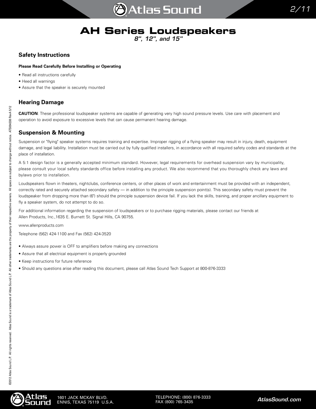 Atlas Sound AH94-8ST, AH99-8ST, AH66-8ST, AH66-12ST, AH94-12ST manual Safety Instructions, Hearing Damage Suspension & Mounting 