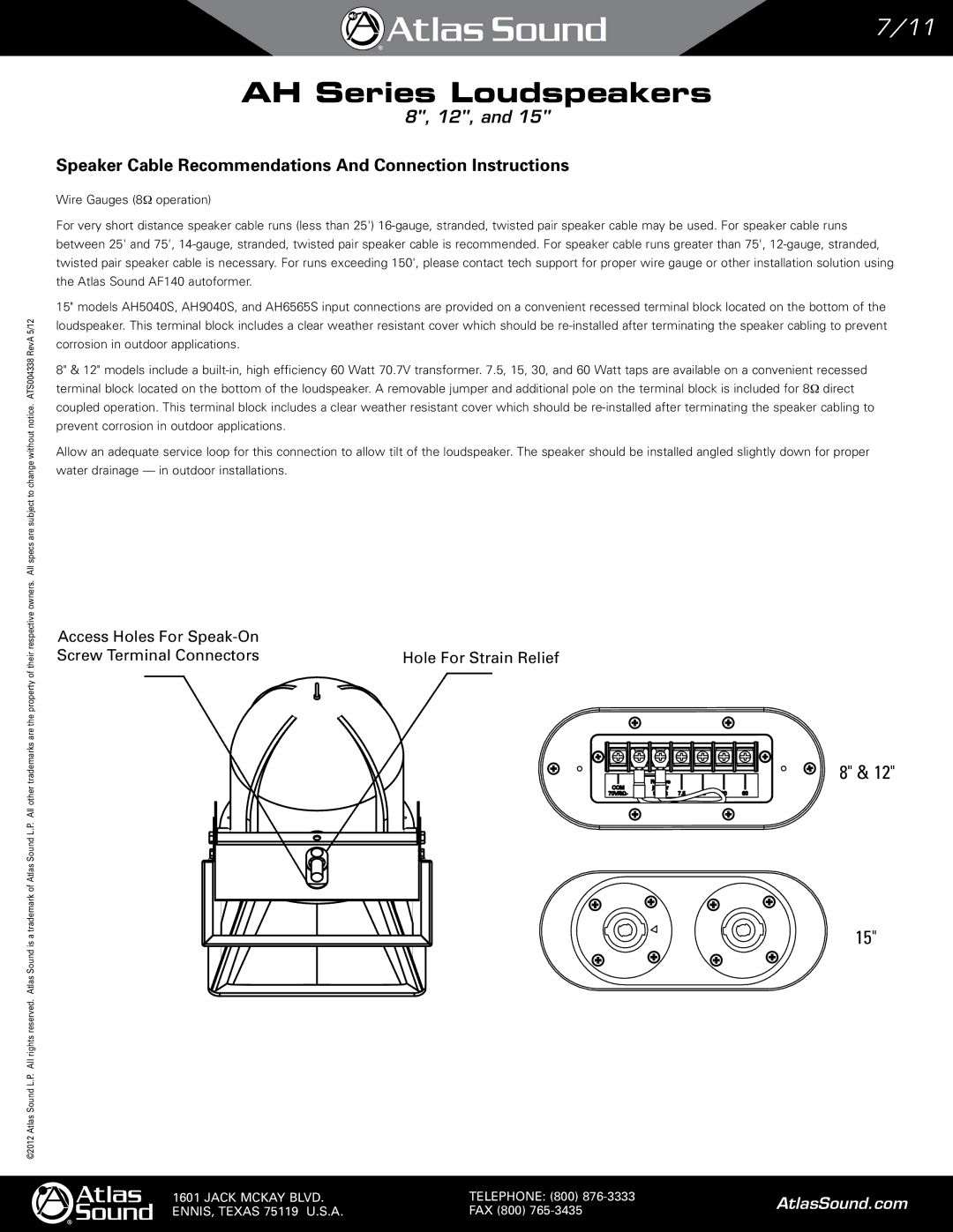 Atlas Sound AH6565S, AH99-8ST, AH66-8ST, AH94-8ST, AH66-12ST manual Speaker Cable Recommendations And Connection Instructions 