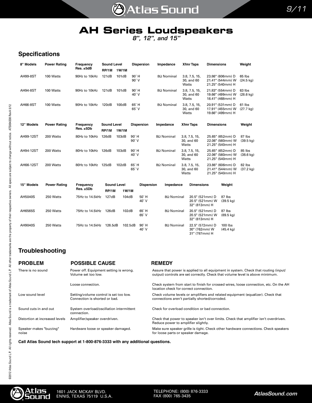 Atlas Sound AH99-8ST, AH66-8ST, AH94-8ST, AH66-12ST, AH94-12ST, AH5040S, AH99-12ST, AH6565S, AH9040S manual Specifications 