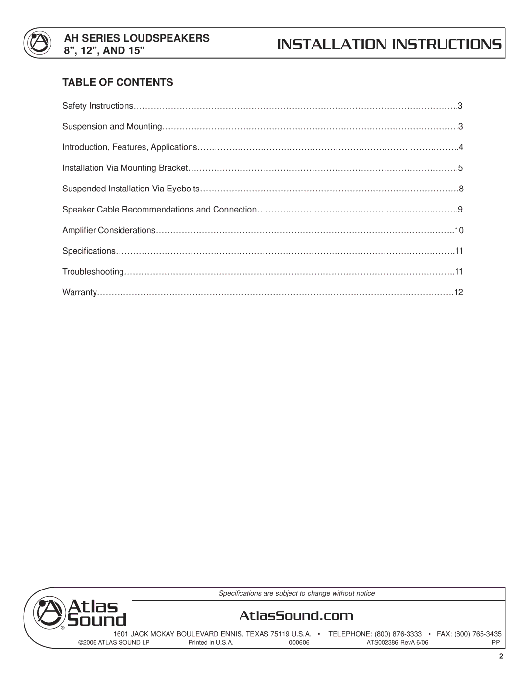 Atlas Sound AH94-8ST, AH99-8ST, AH66-8ST, AH66-12ST, AH94-12ST, AH99-12ST AH Series Loudspeakers 8, 12, Table of Contents 