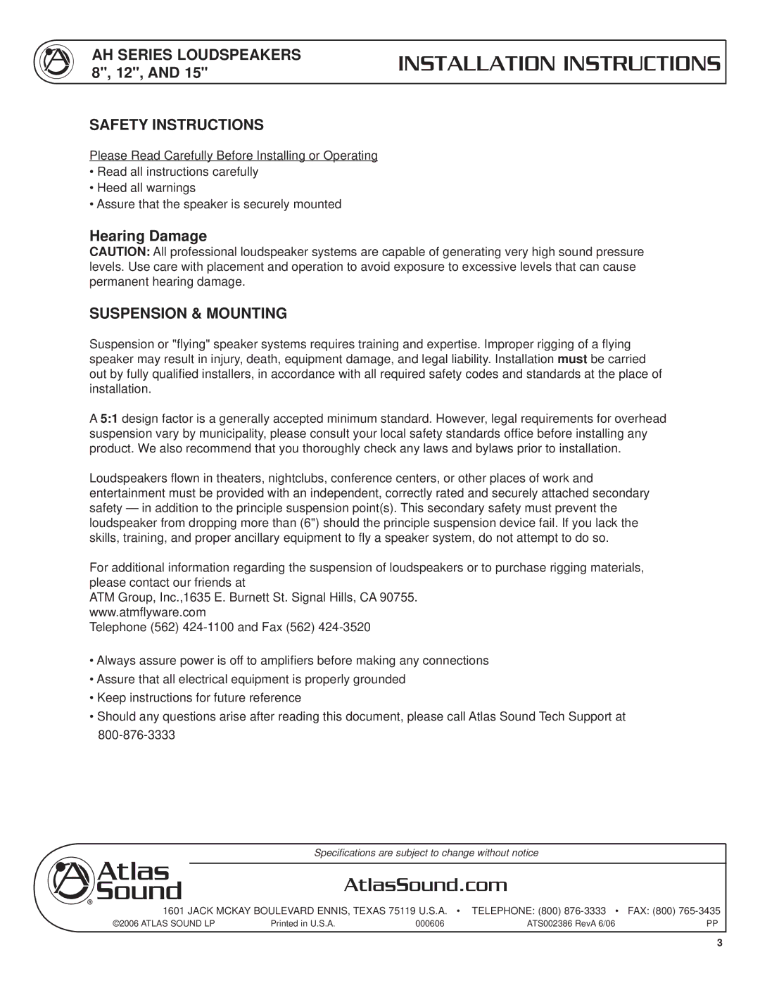 Atlas Sound AH66-12ST, AH99-8ST, AH66-8ST, AH94-8ST AH Series Loudspeakers 8, 12, Safety Instructions, Suspension & Mounting 