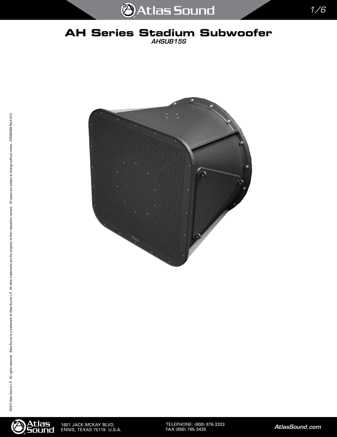 Atlas Sound AHSUB15S manual AH Series Stadium Subwoofer 