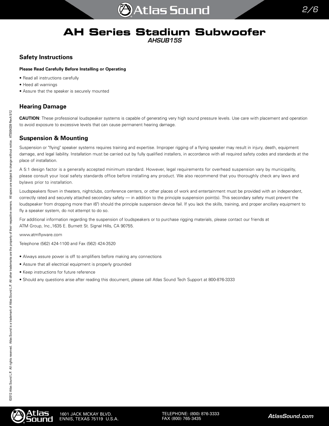 Atlas Sound AHSUB15S manual Safety Instructions, Hearing Damage Suspension & Mounting 