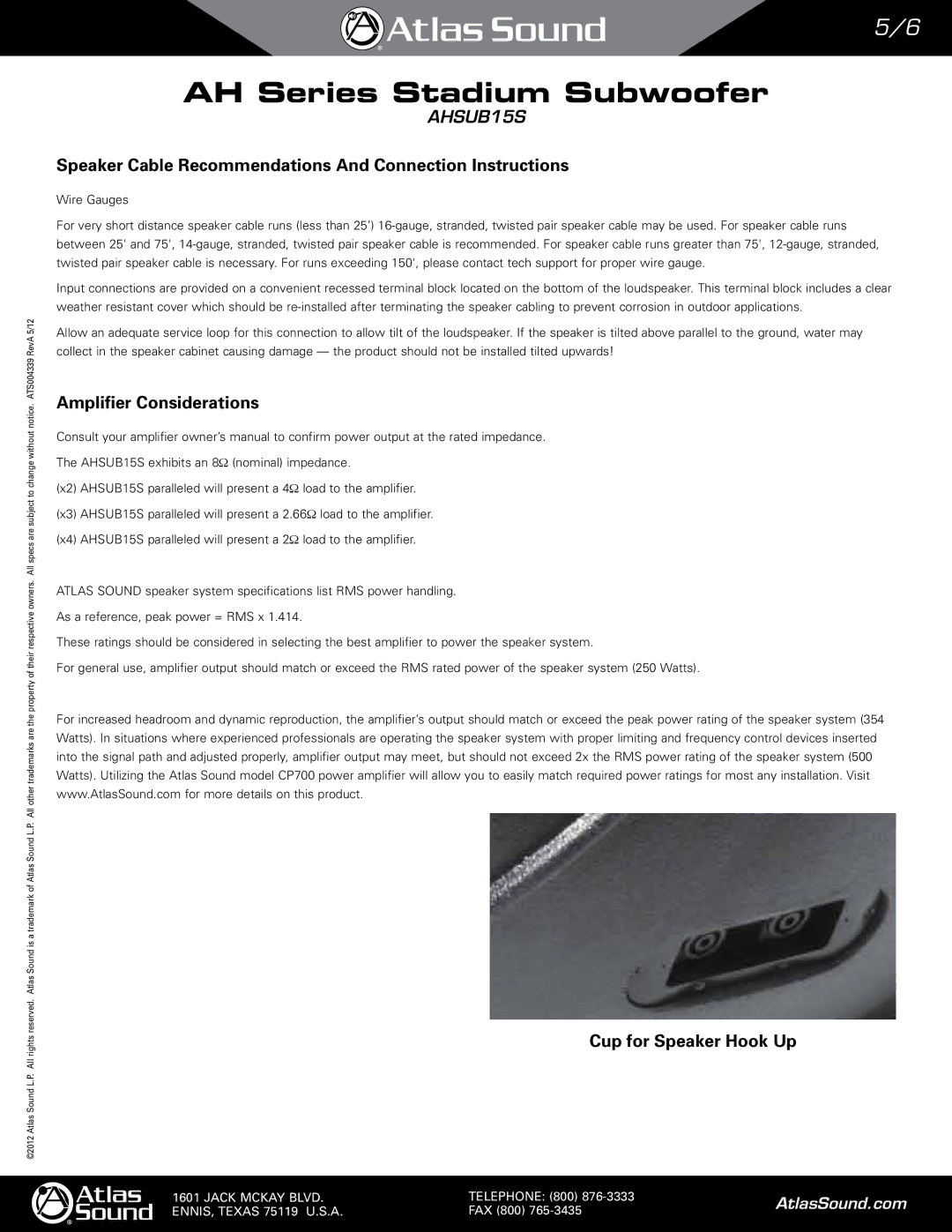 Atlas Sound AHSUB15S manual Speaker Cable Recommendations And Connection Instructions, Amplifier Considerations 