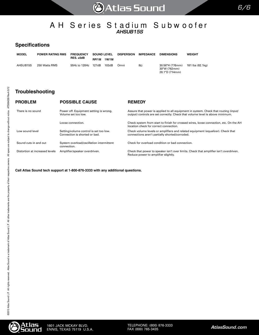 Atlas Sound AHSUB15S manual Specifications 