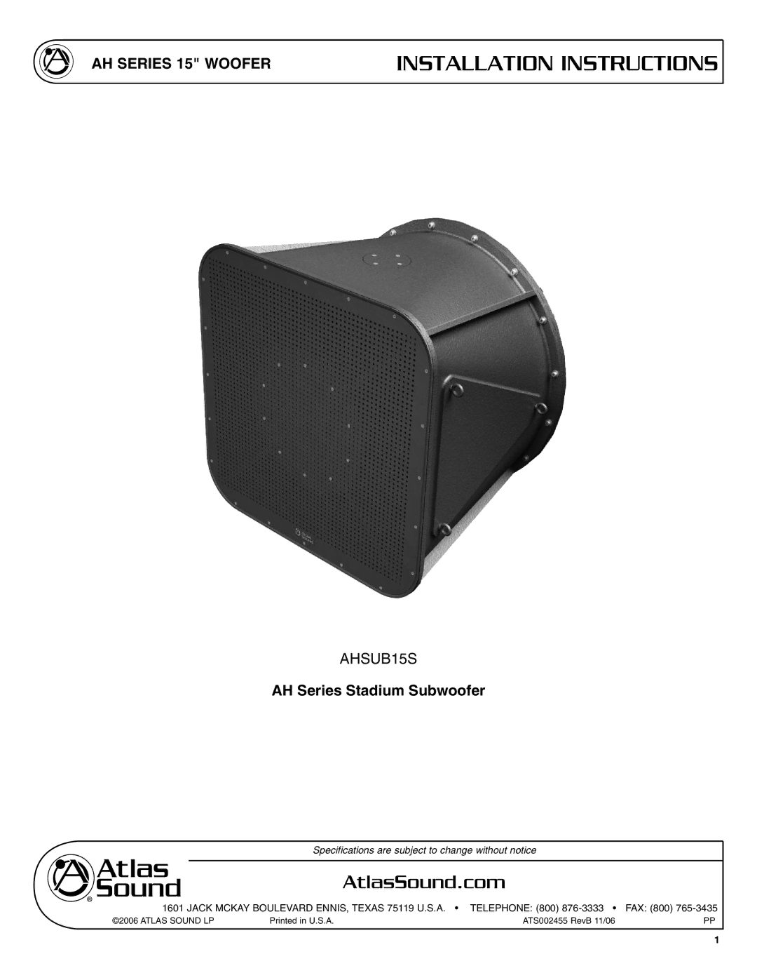 Atlas Sound AHSUB15S specifications Installation Instructions, AH Series 15 Woofer 