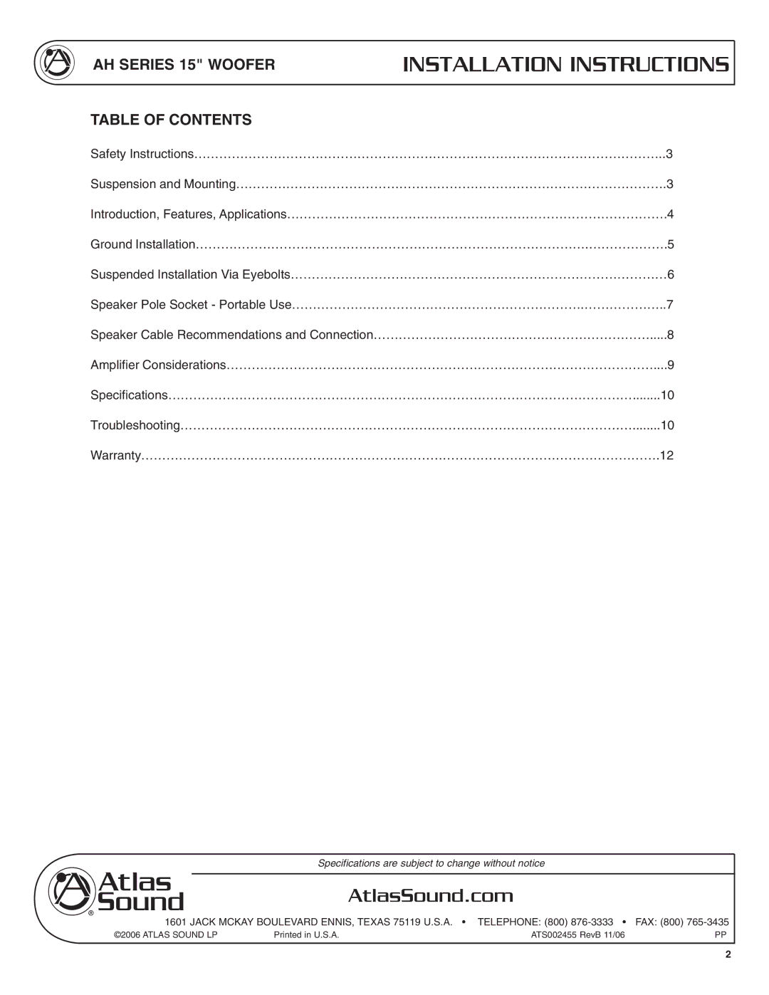 Atlas Sound AHSUB15S specifications Installation Instructions, AH Series 15 Woofer Table of Contents 