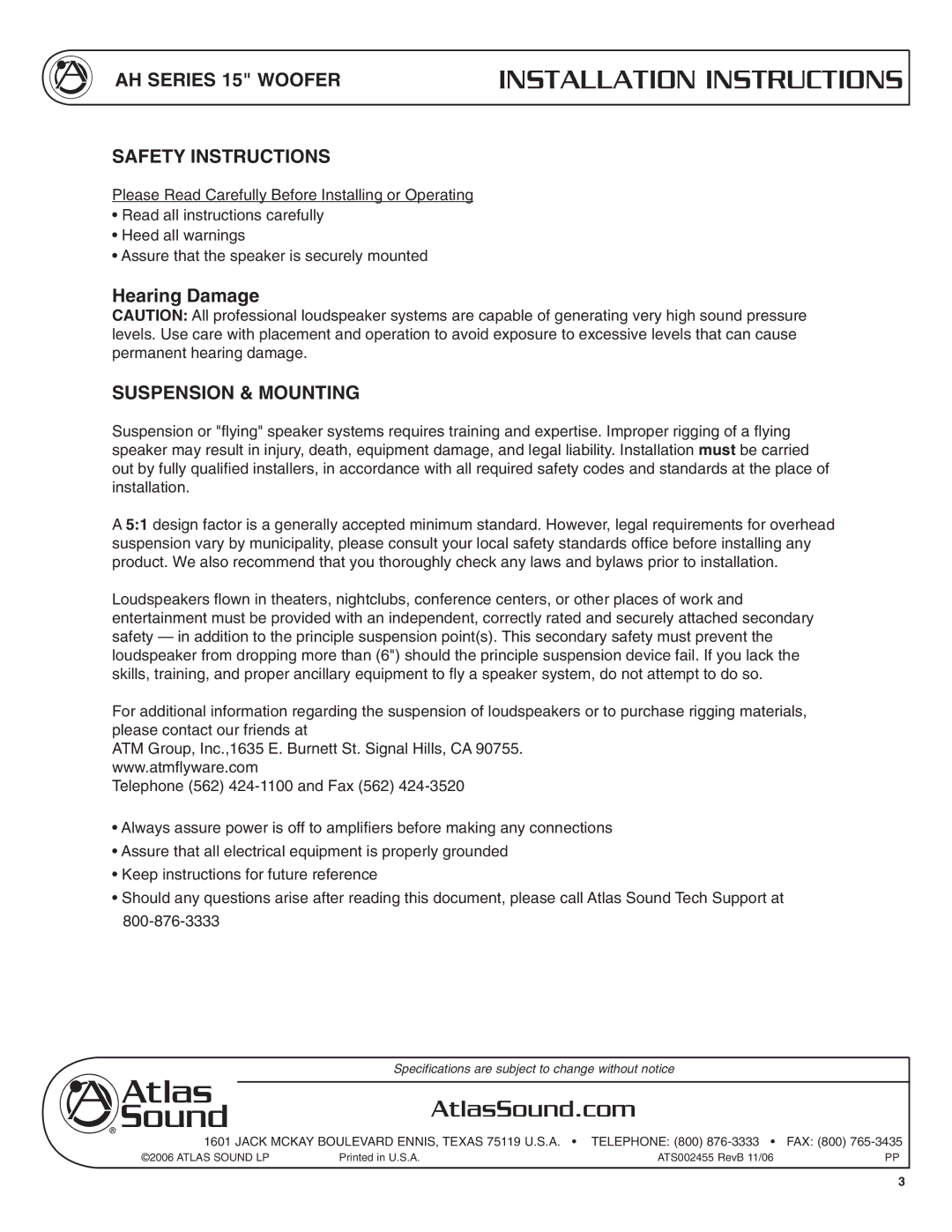 Atlas Sound AHSUB15S specifications AH Series 15 Woofer Safety Instructions, Suspension & Mounting 