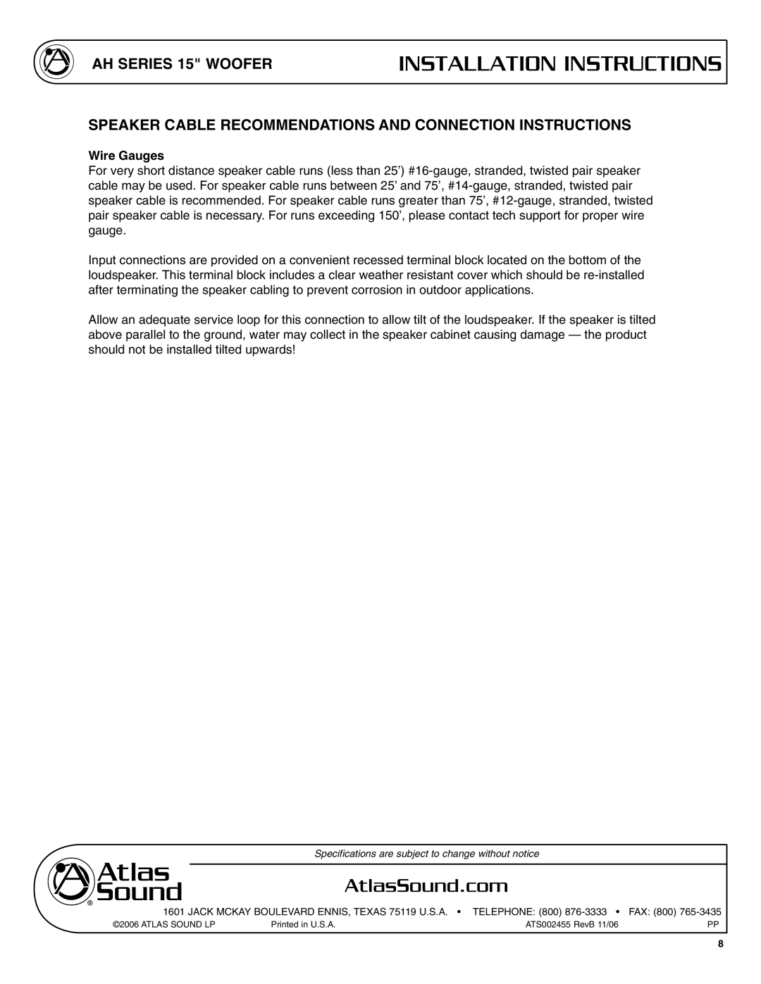 Atlas Sound AHSUB15S specifications Speaker Cable Recommendations and Connection Instructions, Wire Gauges 