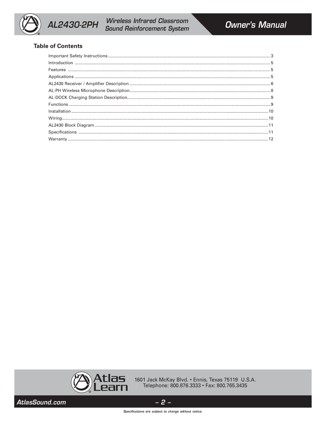 Atlas Sound AL2430-2PH specifications Table of Contents 