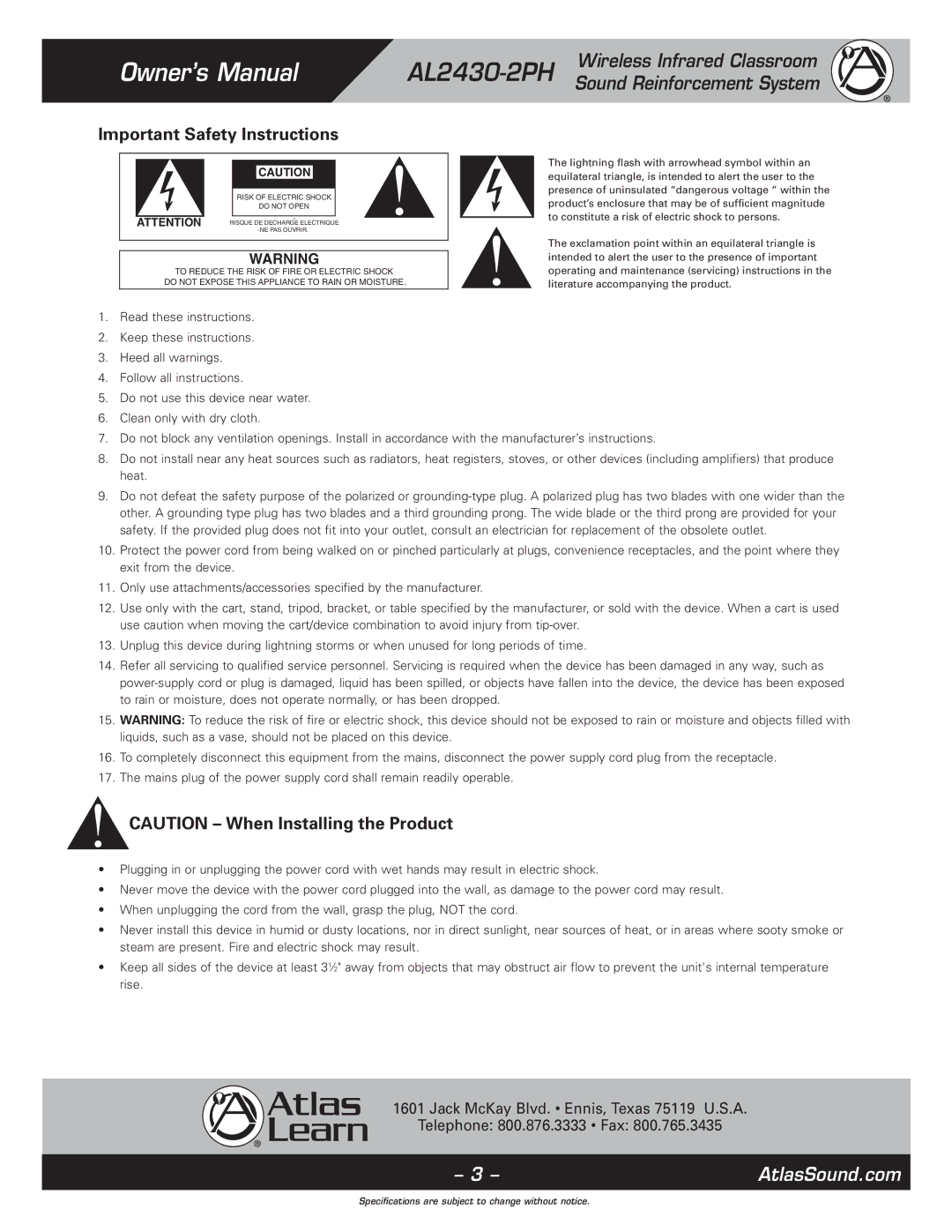 Atlas Sound AL2430-2PH specifications Important Safety Instructions 