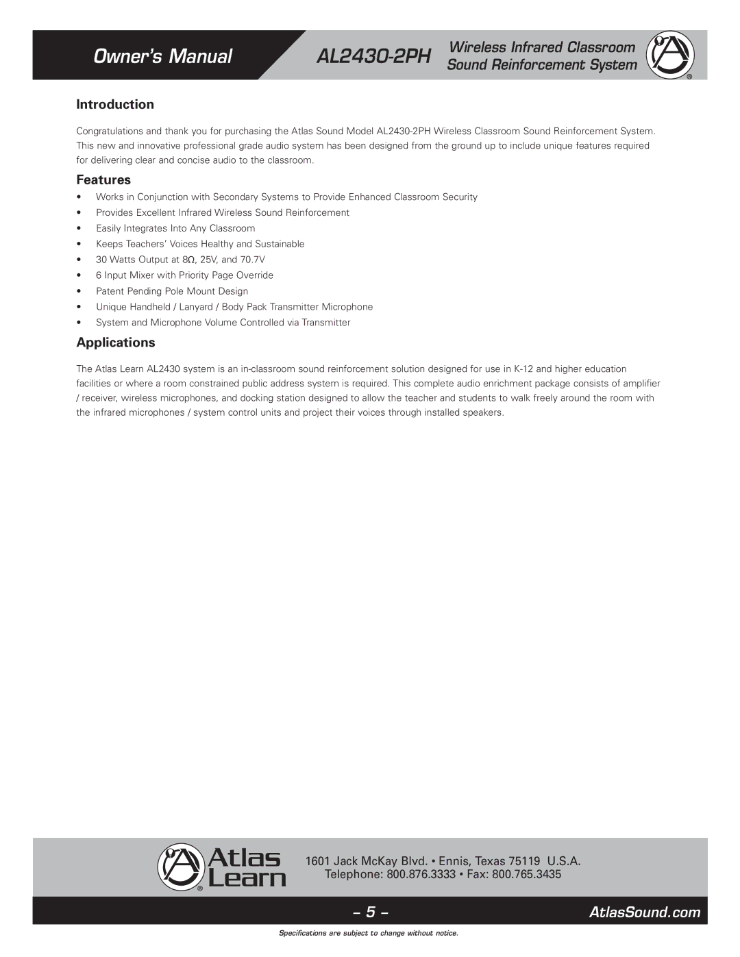 Atlas Sound AL2430-2PH specifications Introduction, Features, Applications 