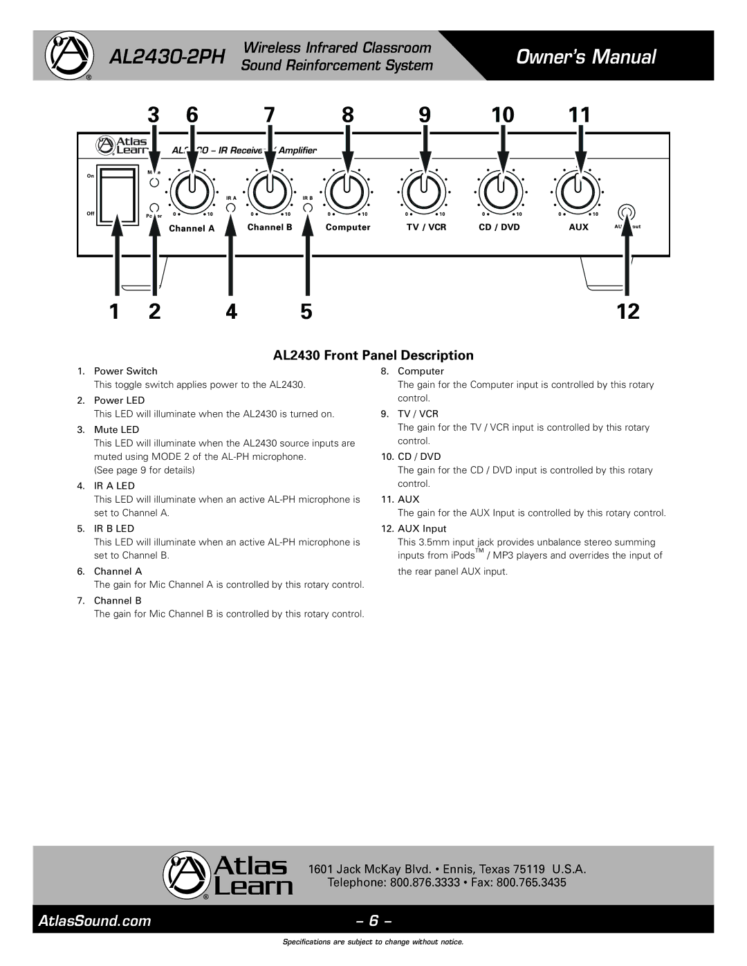 Atlas Sound AL2430-2PH specifications AL2430 Front Panel Description 