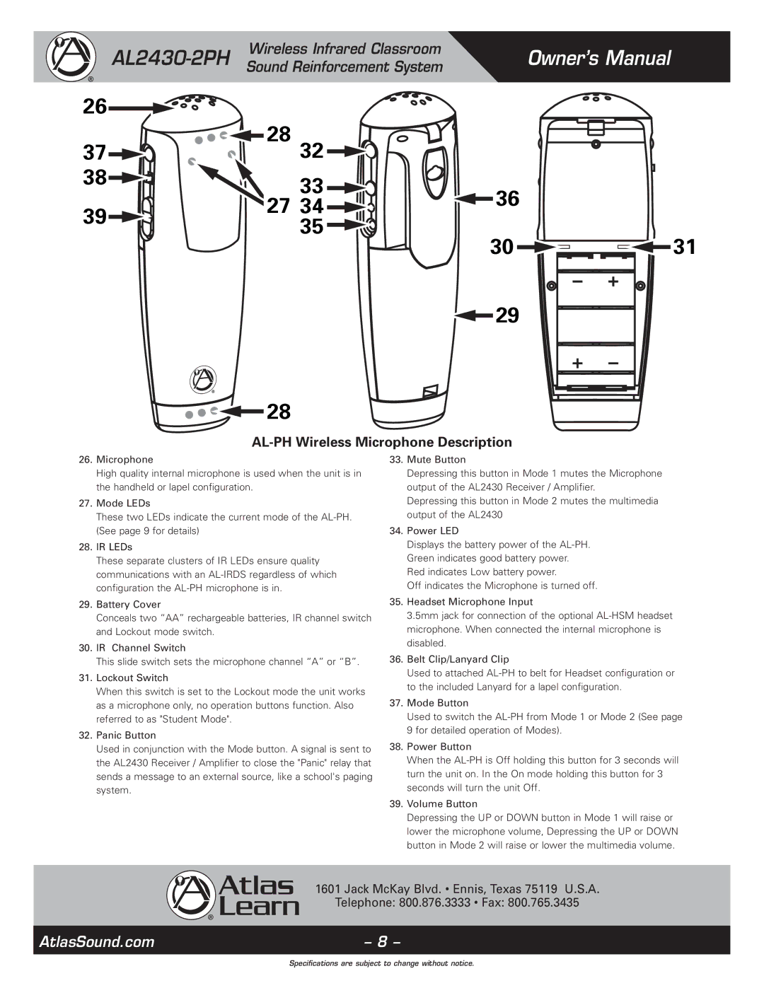 Atlas Sound AL2430-2PH specifications AL-PH Wireless Microphone Description 