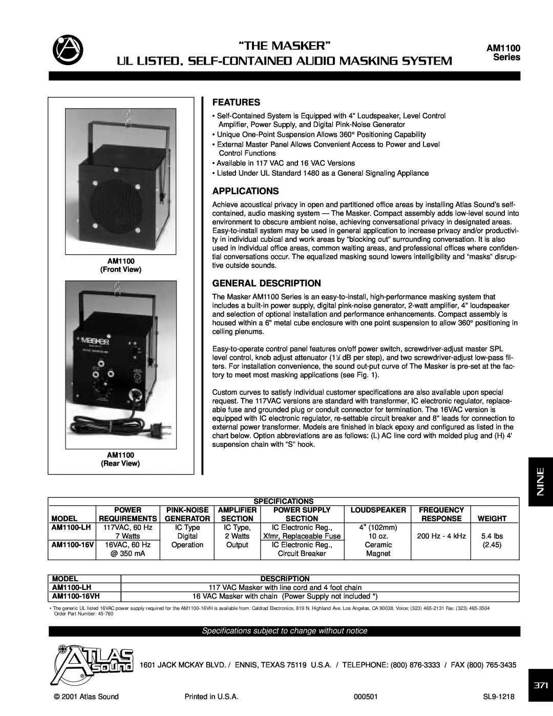 Atlas Sound AM1100 specifications Series, Features, Applications, General Description, “The Masker”, Nine 