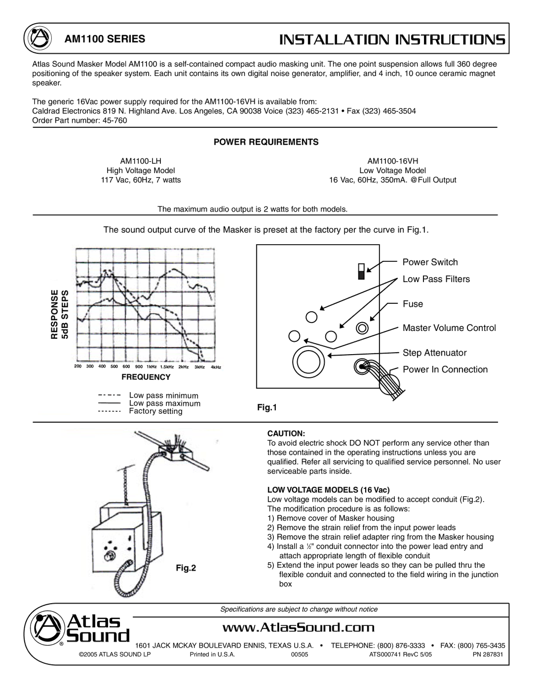 Atlas Sound AM1100 installation instructions Installation Instructions, Power Requirements, LOW Voltage Models 16 Vac 