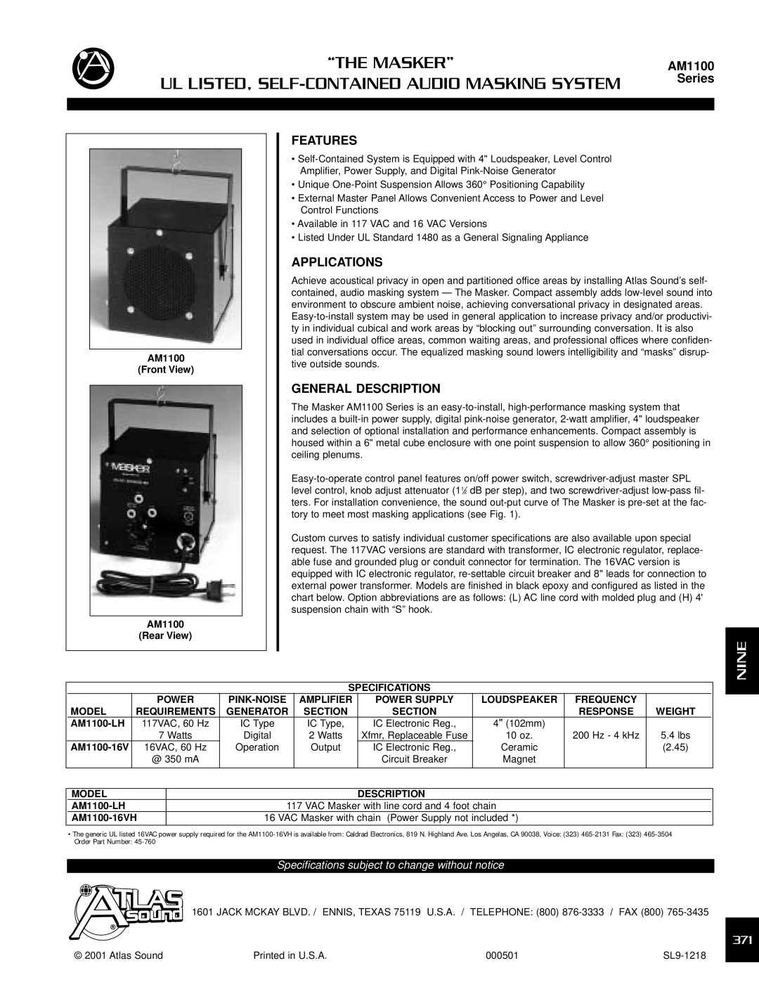 Atlas Sound specifications Features, Applications, General Description, AM1100-LH, AM1100-16VH 