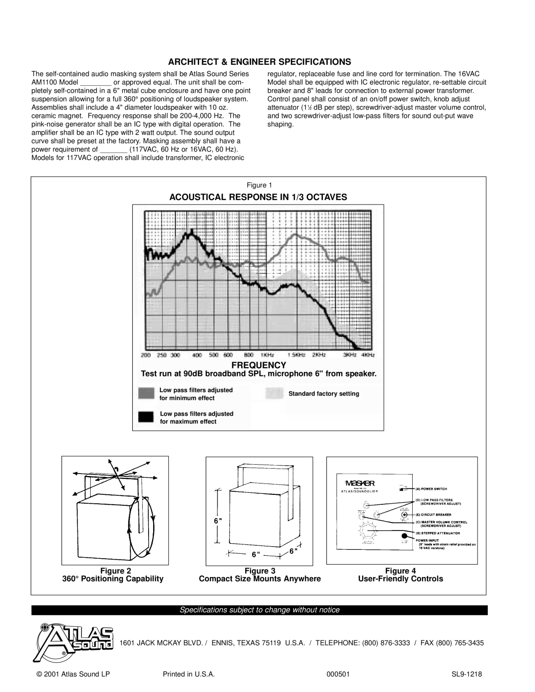 Atlas Sound AM1100 specifications Architect & Engineer Specifications, Acoustical Response in 1/3 Octaves Frequency 