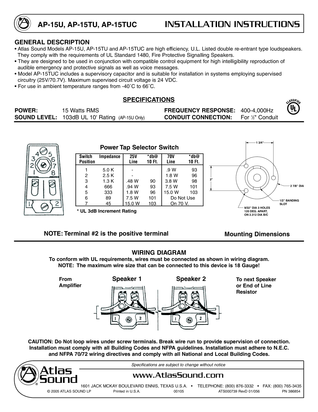 Atlas Sound specifications AP-15U, AP-15TU, AP-15TUC Installation Instructions, General Description, Specifications 