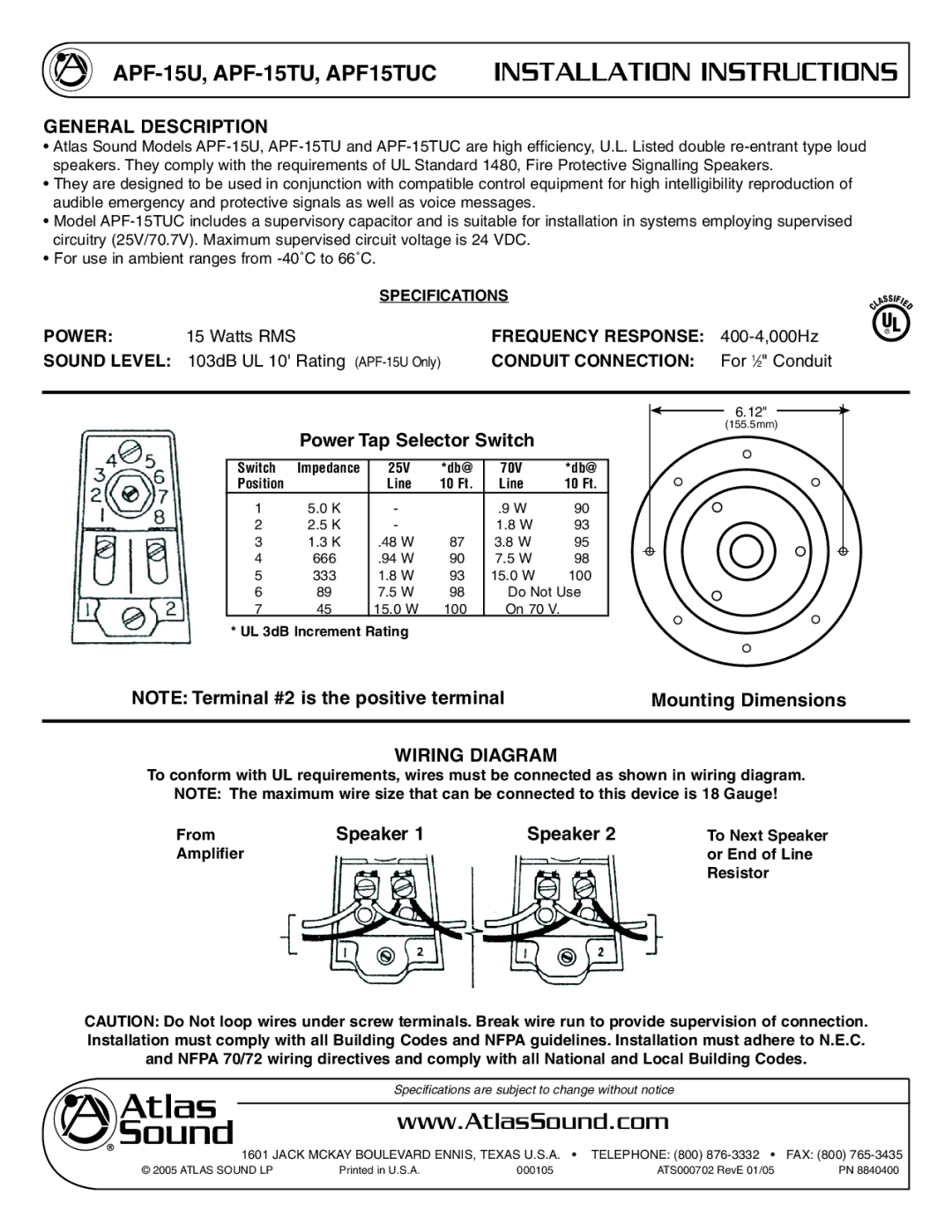 Atlas Sound APF-15TUC dimensions APF-15U, APF-15TU, APF15TUC Installation Instructions, General Description 