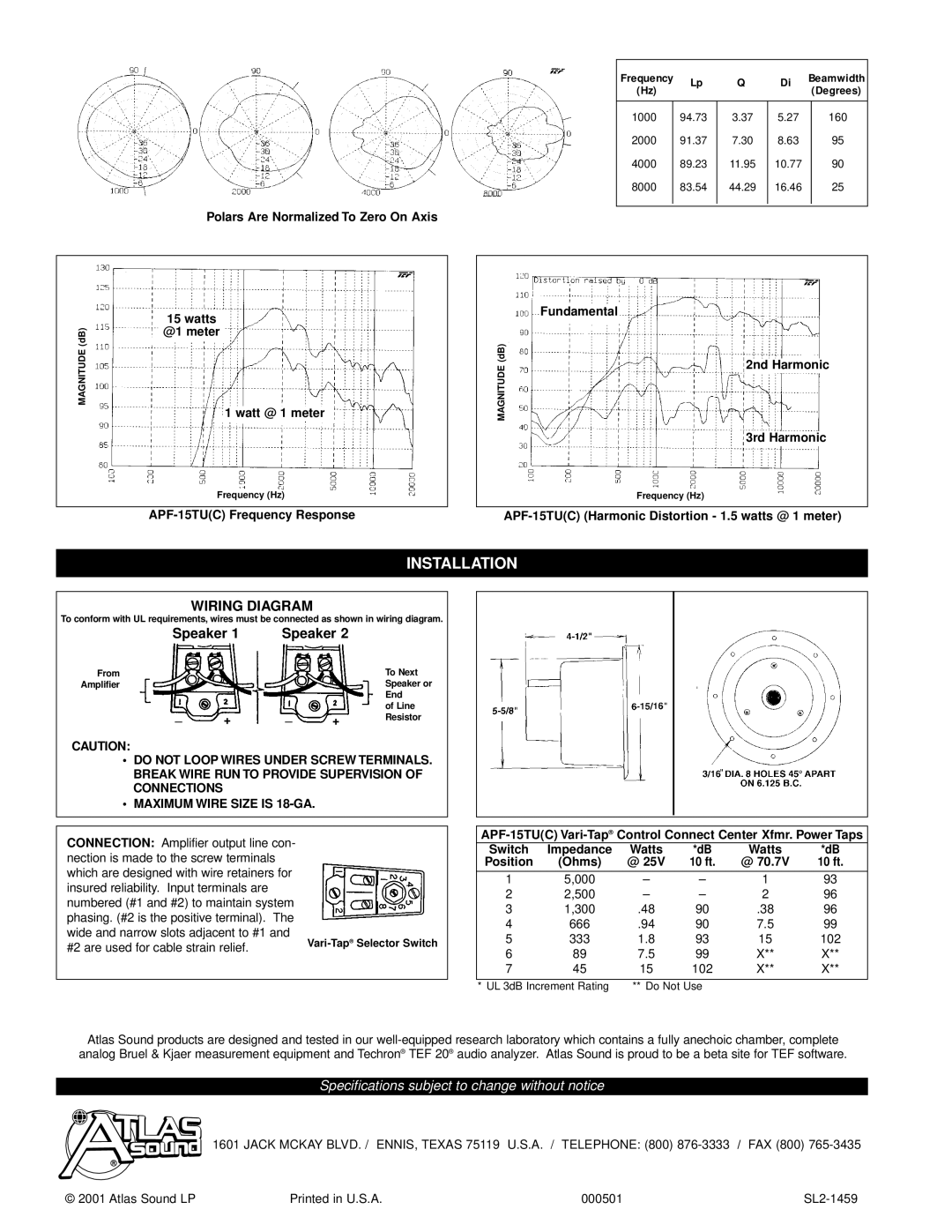 Atlas Sound APF-15TUC specifications Wiring Diagram 