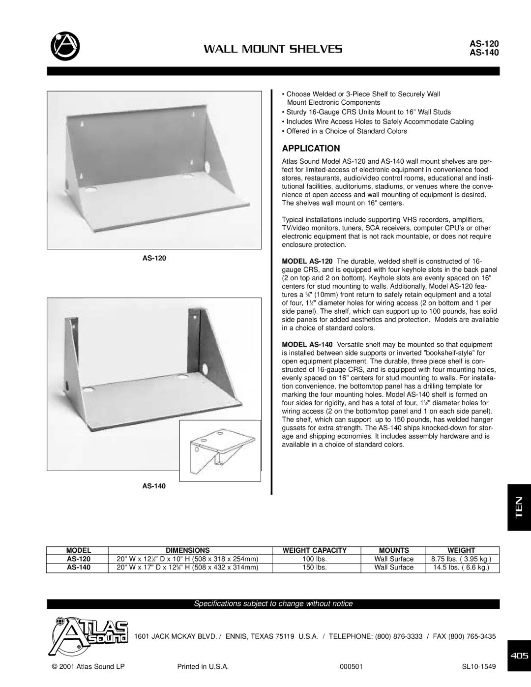 Atlas Sound AS-120, AS-140 specifications Wall Mount Shelves, Application 