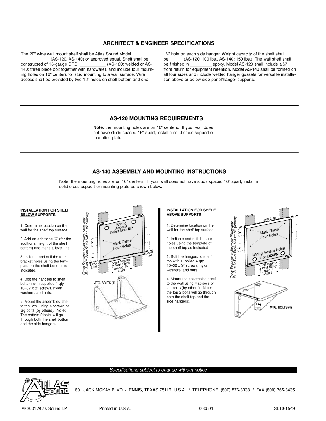 Atlas Sound AS-140, AS-120 specifications Architect & Engineer Specifications, Installation for Shelf below Supports, Down 