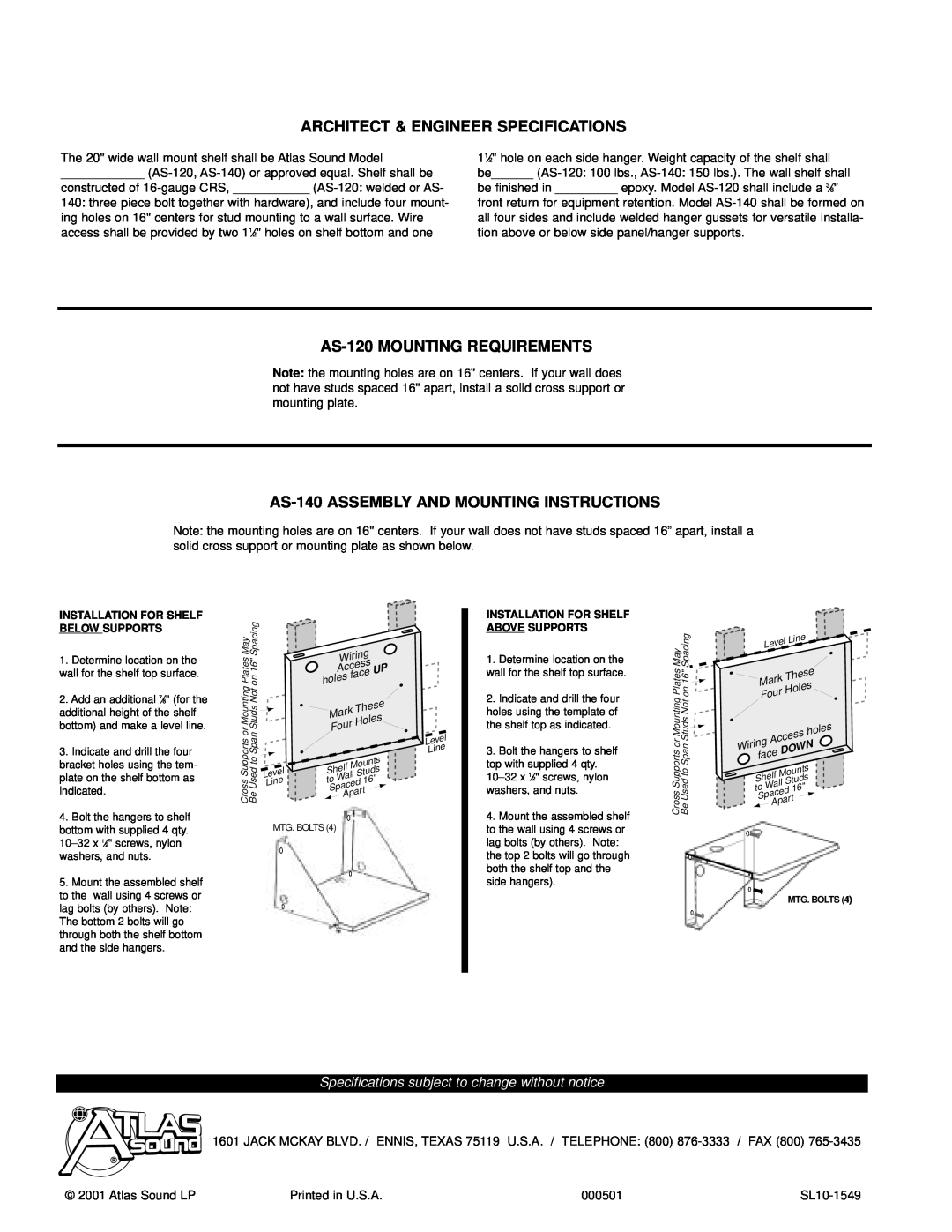 Atlas Sound AS-140 specifications Architect & Engineer Specifications, AS-120MOUNTING REQUIREMENTS 
