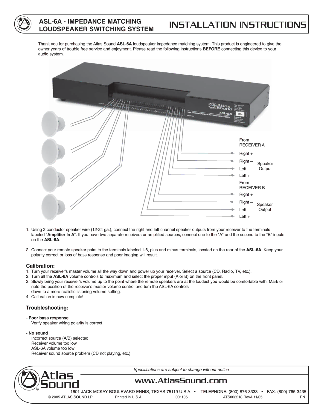 Atlas Sound ASL-6A installation instructions Installation Instructions 