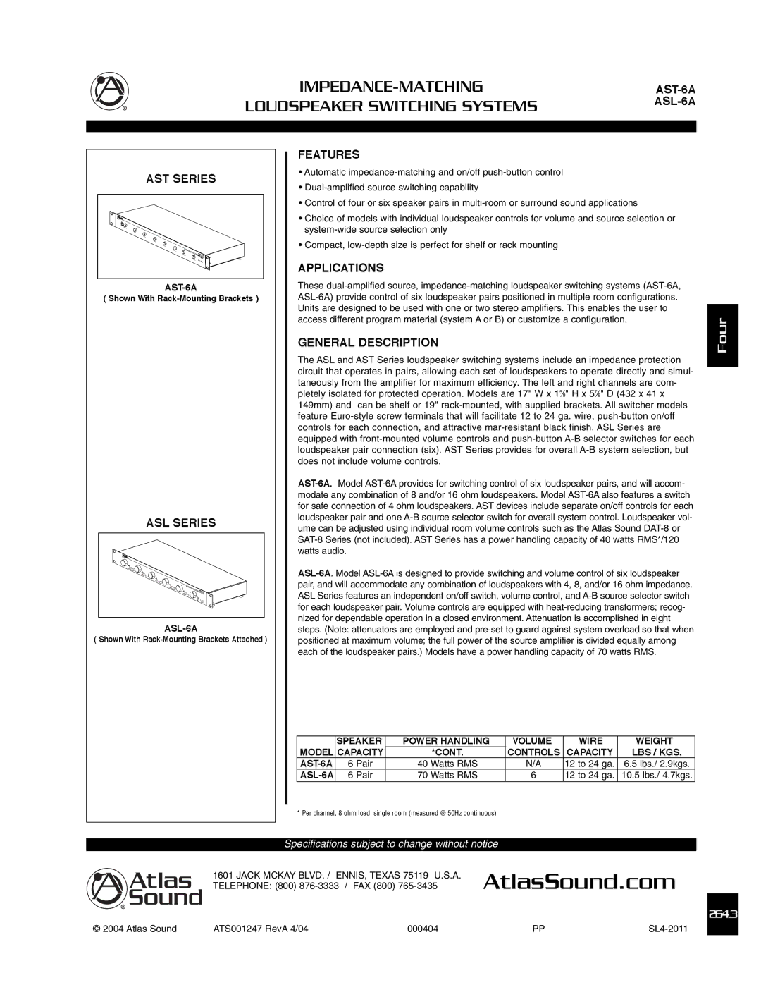 Atlas Sound ASL-6A specifications Features, Applications, General Description 