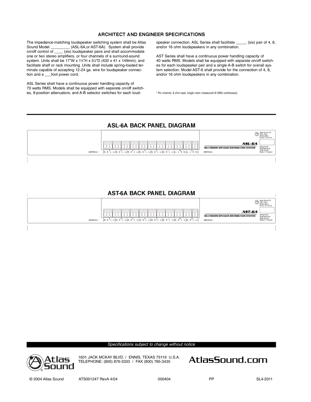 Atlas Sound ASL-6A specifications AST-6A Back Panel Diagram, Architect and Engineer Specifications 