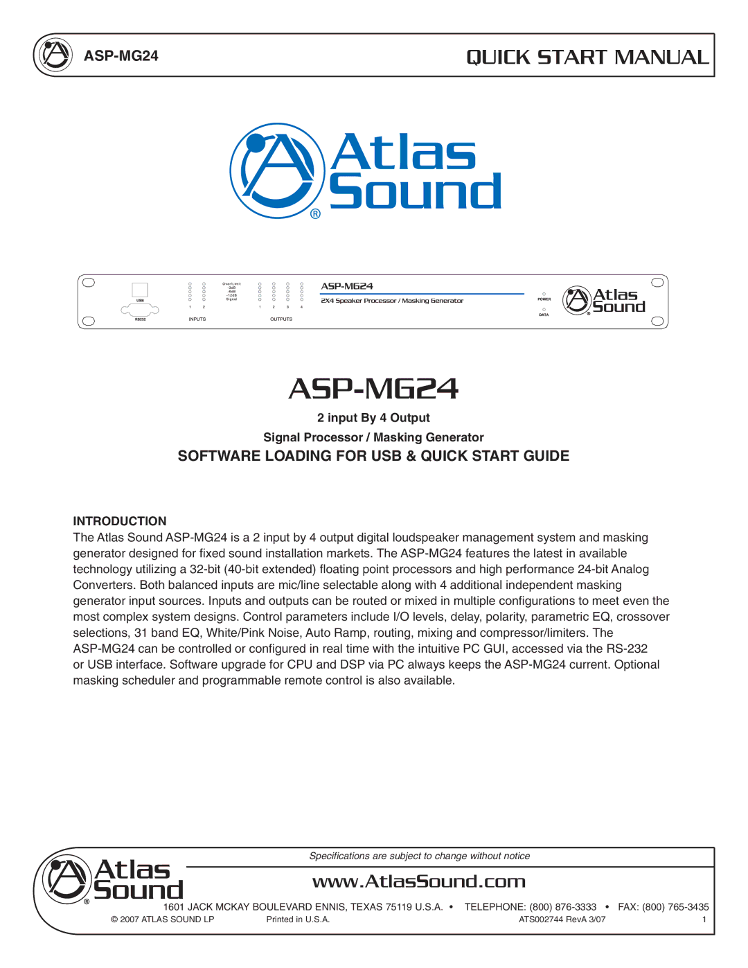 Atlas Sound ASP-MG24 quick start Introduction 