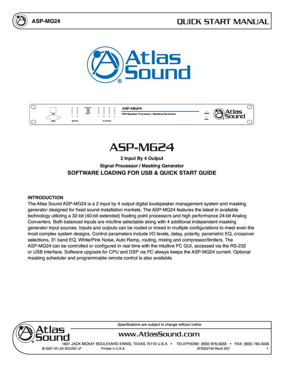 Atlas Sound ASP-MG24 quick start Quick Start Manual, Software Loading For Usb & Quick Start Guide, input By 4 Output 