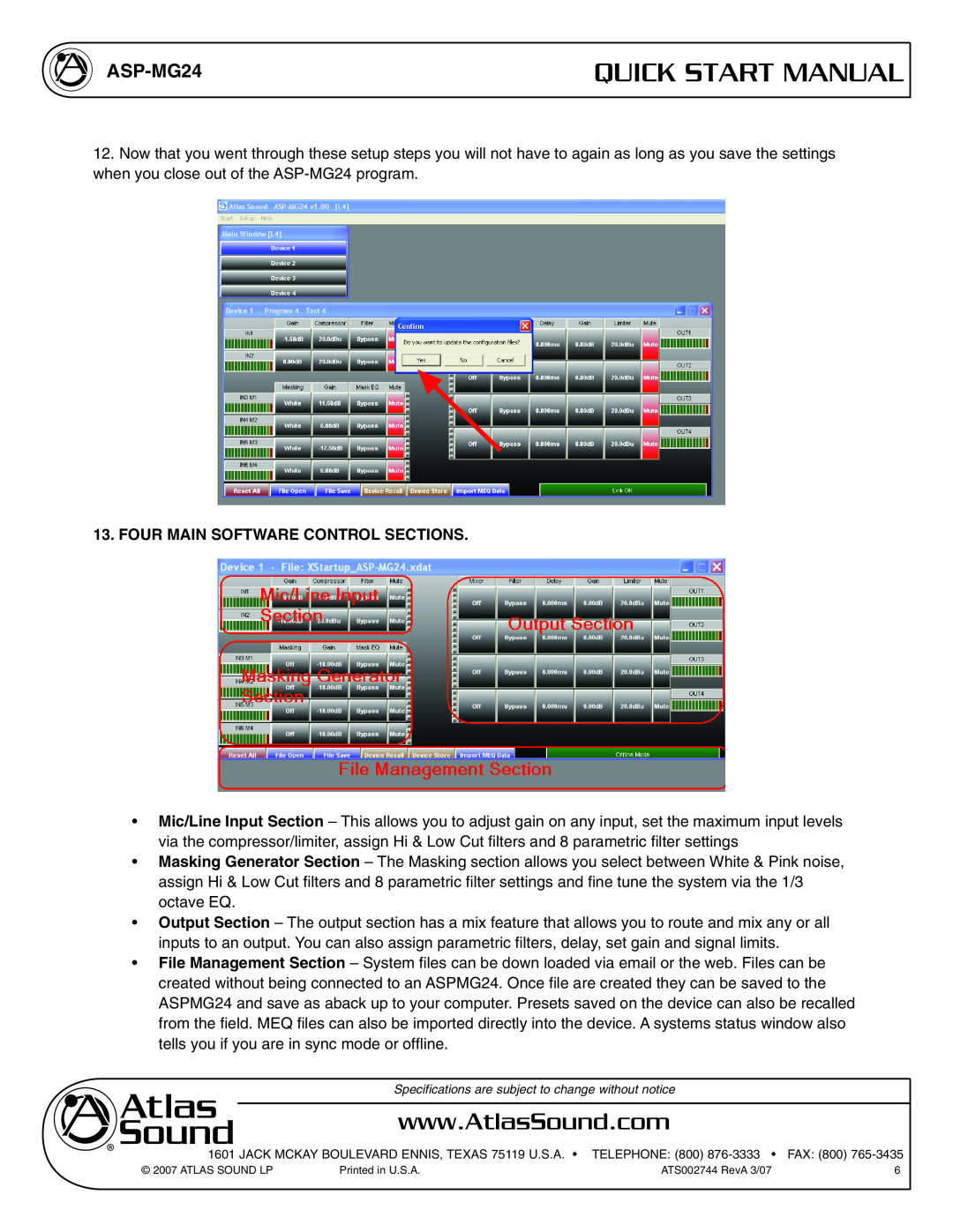 Atlas Sound ASP-MG24 Four Main Software Control Sections, Quick Start Manual, Atlas Sound Lp, ATS002744 RevA 3/07 