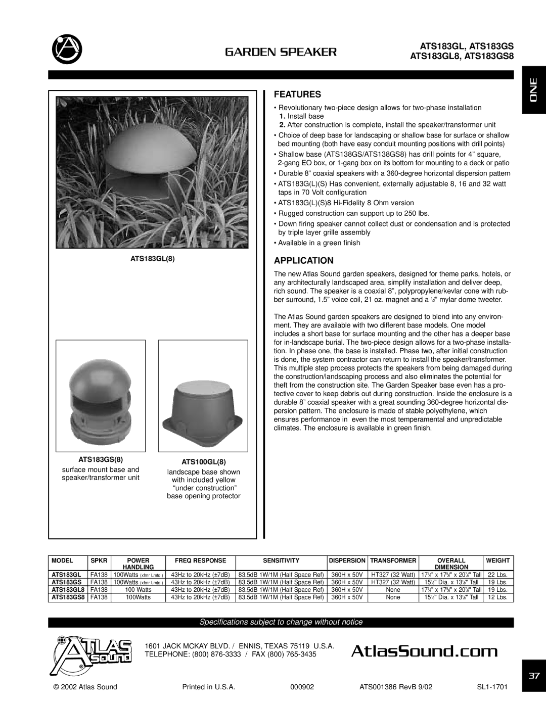 Atlas Sound ATS183GL8, ATS183GS8 specifications ATS183GL, ATS183GS, Features, Application 