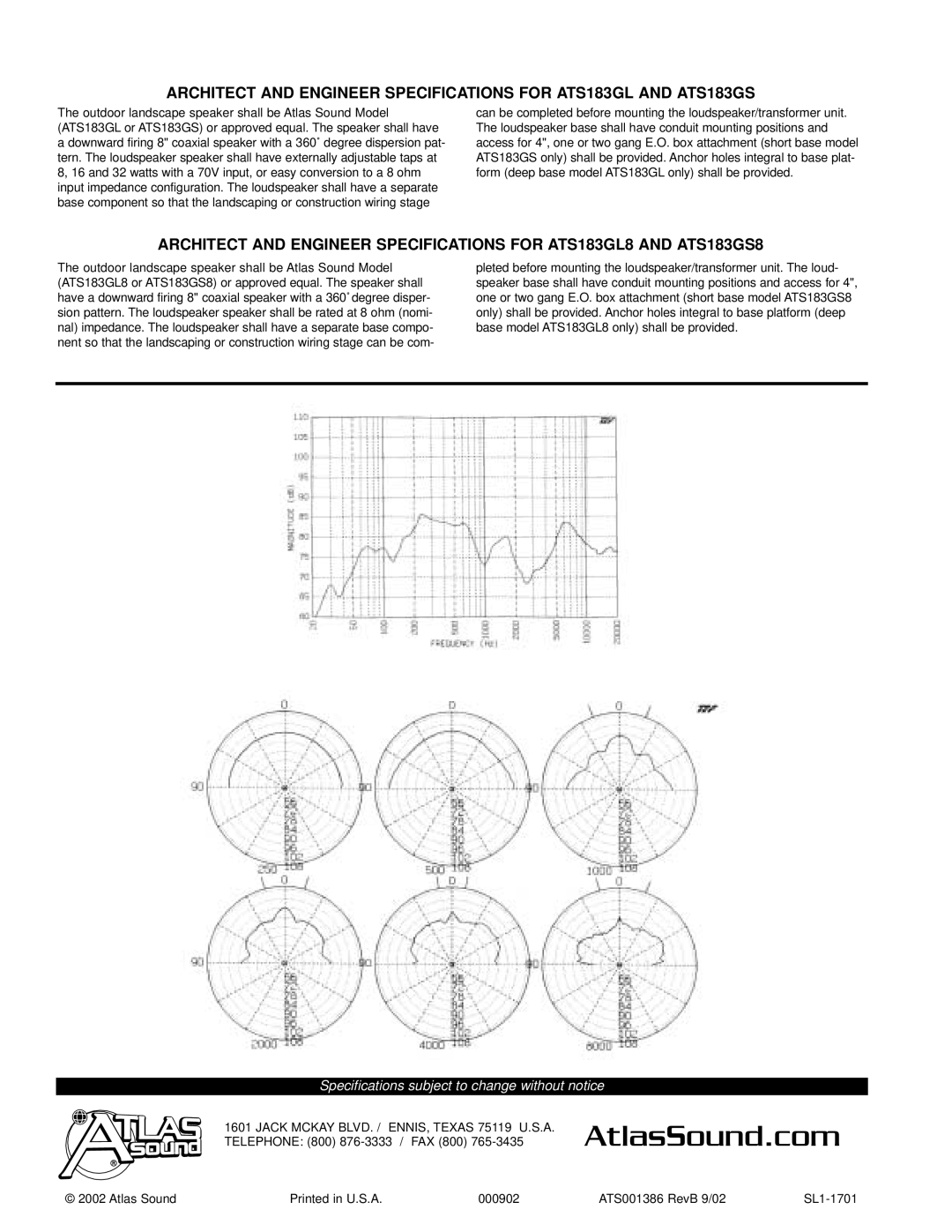 Atlas Sound ATS183GS8, ATS183GL8 specifications Telephone 800 876-3333 / FAX 800 
