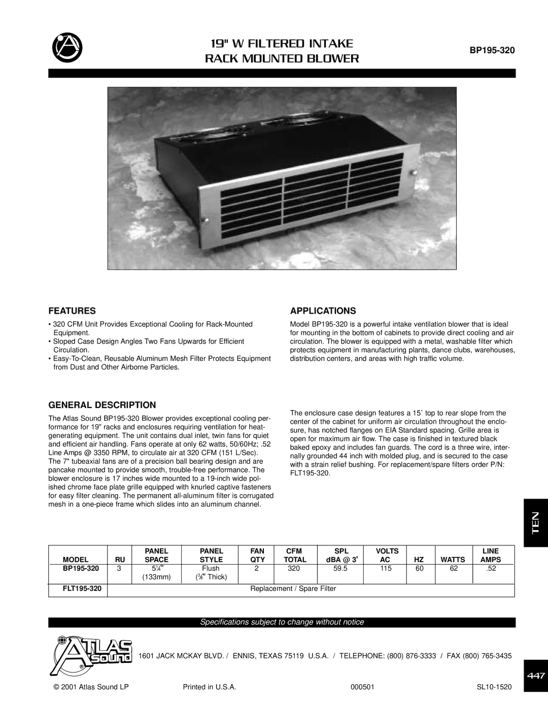 Atlas Sound BPI195-320 specifications Filtered Intake, Rack Mounted Blower, Ten 