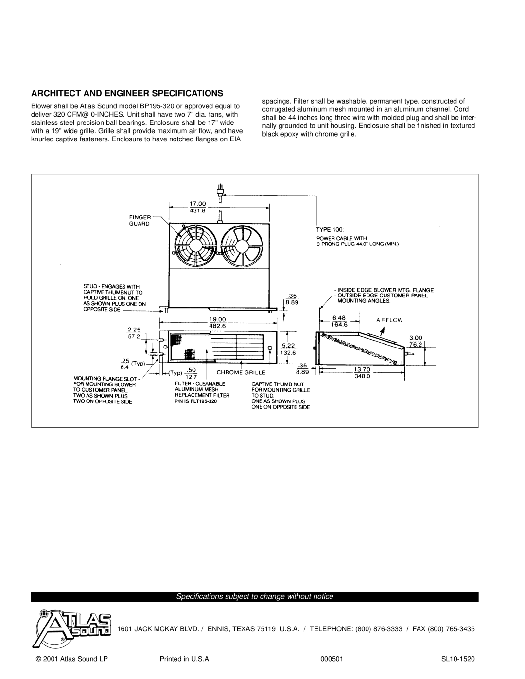 Atlas Sound BPI195-320 Architect and Engineer Specifications, Specifications subject to change without notice 