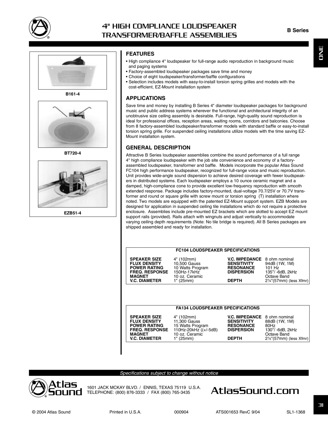 Atlas Sound EZB51-4, BT720-4, B161-4 specifications Features, Applications, General Description 