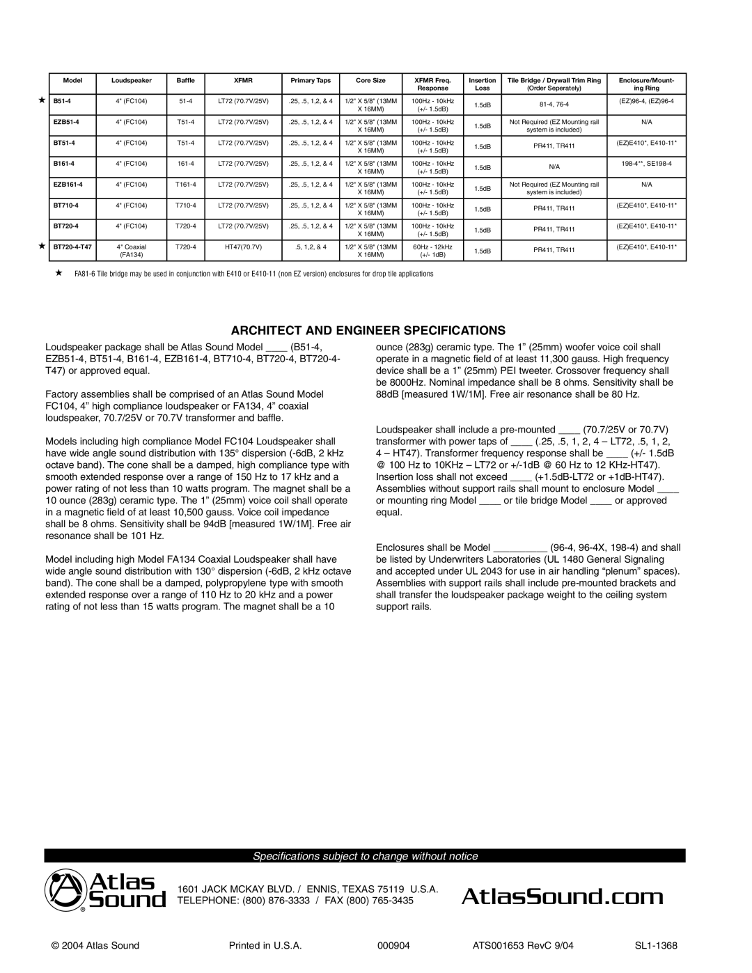 Atlas Sound B161-4, BT720-4, EZB51-4 specifications Architect and Engineer Specifications 