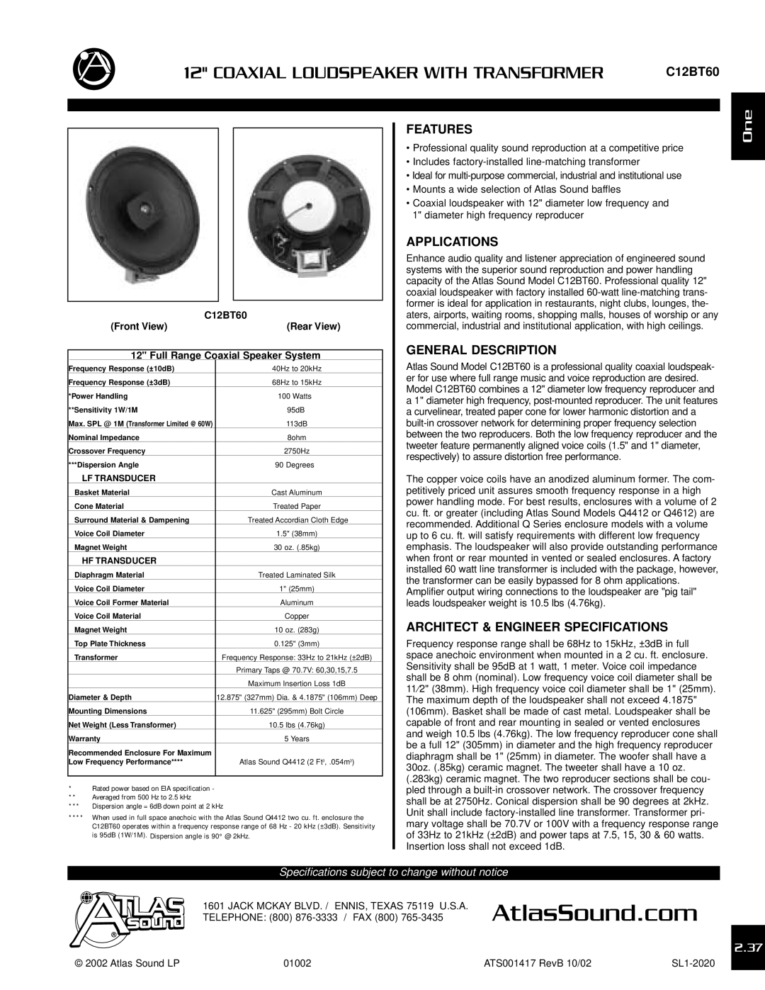 Atlas Sound C12BT60 specifications Features, Applications, General Description, Architect & Engineer Specifications 